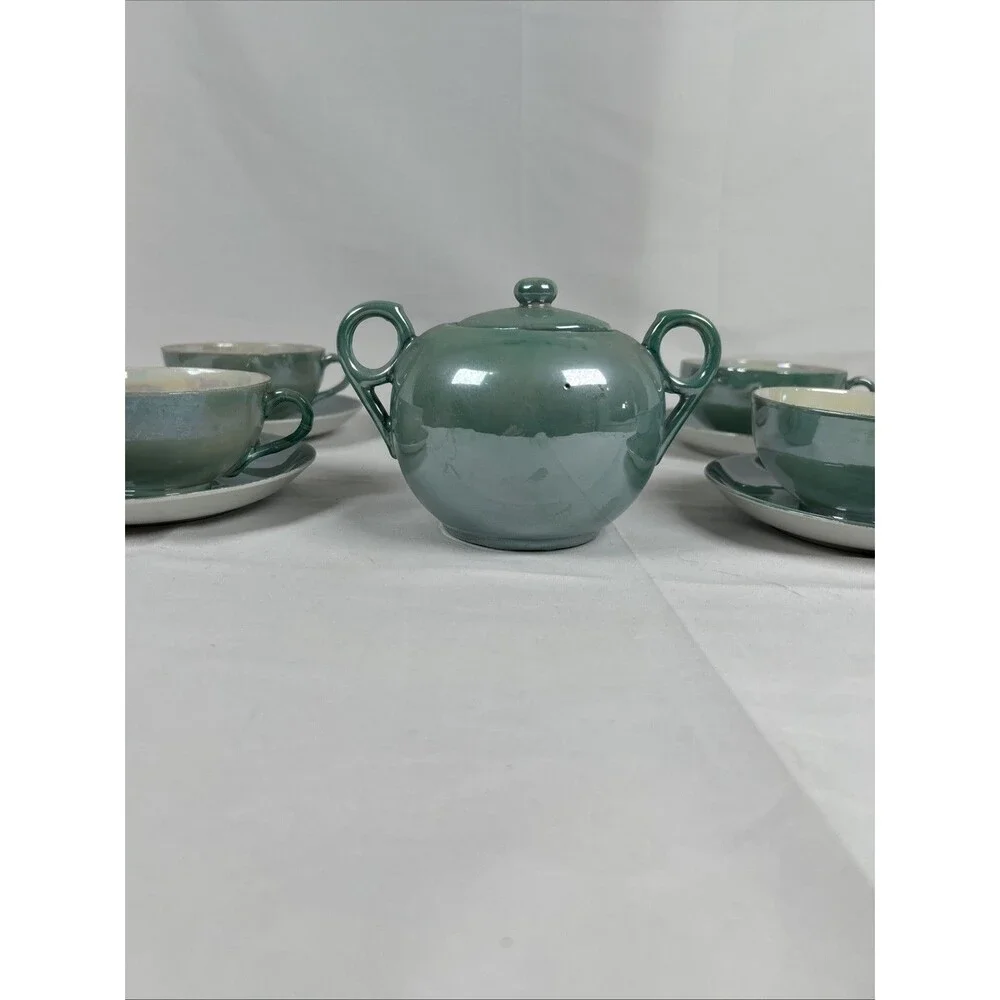 Vtg Lot Hand painted Japan Green Opal Lusterware Cups Saucers Sugar Bowl W/ Lid